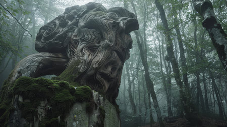 Mysterious Carved Creature in Misty Forestの素材