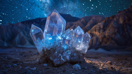 Glowing Quartz Crystals in Moonlit Landscapeの素材