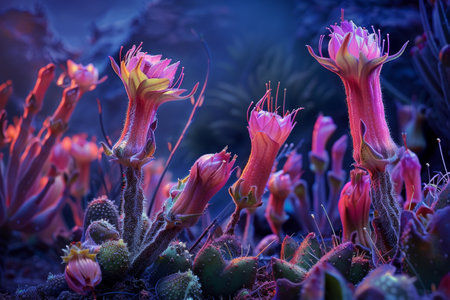 Vibrant Cactus Flowers Blooming in the Nightの素材