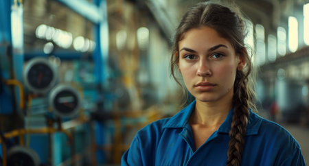 Young woman in blue work uniformの素材