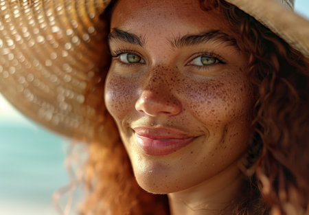Freckled woman with sun hatの素材