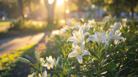 Blooming white lilies in the gardenの素材