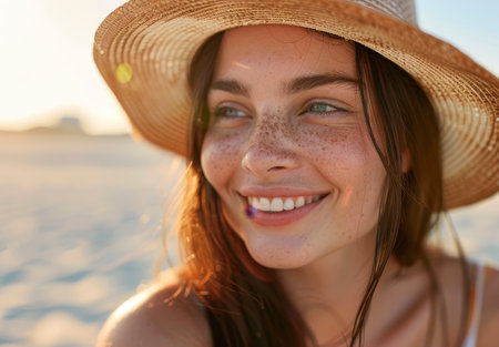 Smiling woman in sun hat enjoying summer dayの素材