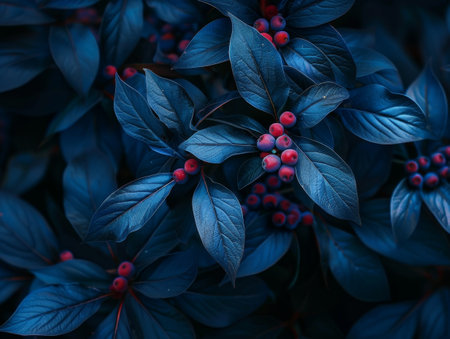 Vibrant Blue Leaves and Red Berriesの素材