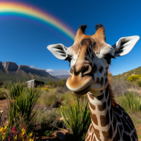 Giraffe with Rainbow in Scenic Landscapeの素材
