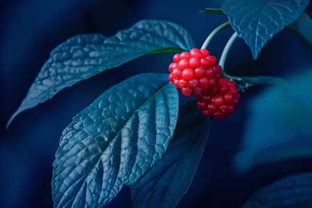 Vibrant red berries on lush green leavesの素材