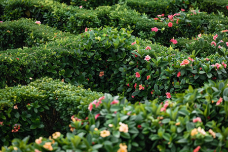 Lush green garden with vibrant pink flowersの素材