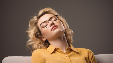 Thoughtful woman with glasses and curly hairの素材