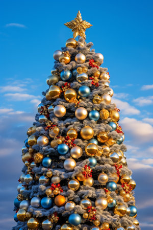Festive Christmas tree with golden and silver ornamentsの素材