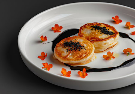 Delicious pancakes with black caviar and orange flowersの素材