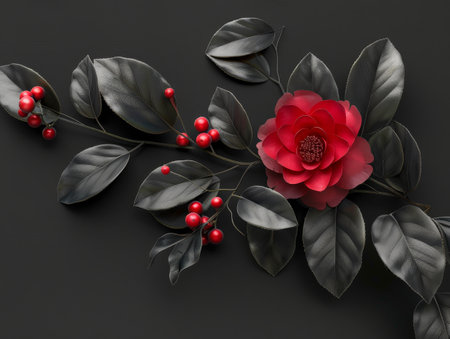 Dramatic Floral Arrangement with Red Camellia and Berriesの素材