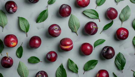 Assortment of fresh plums and leavesの素材