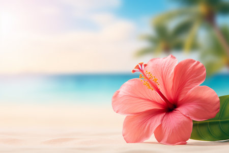 Vibrant Tropical Hibiscus Flower on Beachの素材