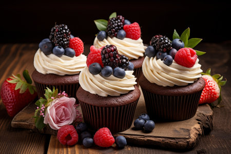 Delicious Chocolate Cupcakes with Fresh Berriesの素材