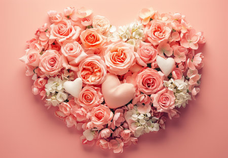 Heart-shaped floral arrangement with pink roses and heartsの素材