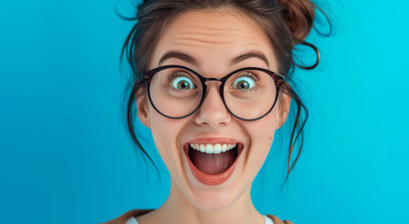 Excited young woman with glassesの素材