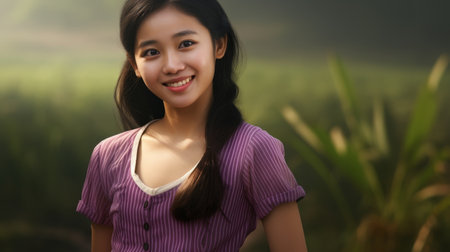 Smiling young woman in purple dressの素材