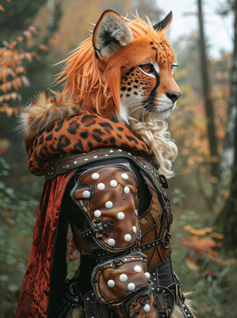 Fierce Feline Warrior in Autumn Forestの素材