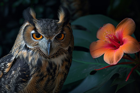 Majestic Owl and Vibrant Hibiscus Flowerの素材