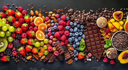 Assortment of Colorful Fruits, Nuts, and Chocolateの素材
