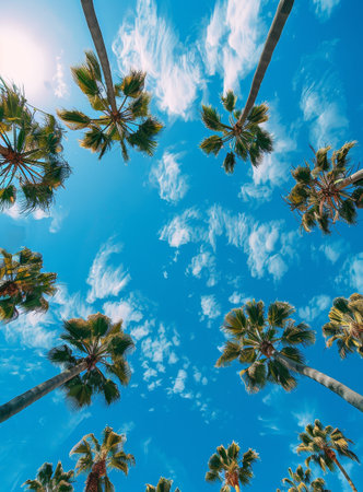 Tropical palm trees against a blue skyの素材