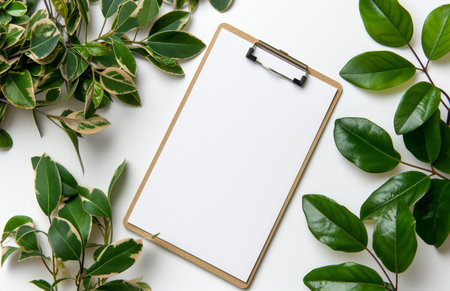 Blank clipboard surrounded by green leavesの素材