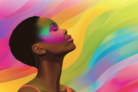 Vibrant portrait of a person with colorful abstract backgroundの素材