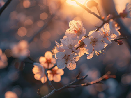 Delicate cherry blossoms in warm evening lightの素材