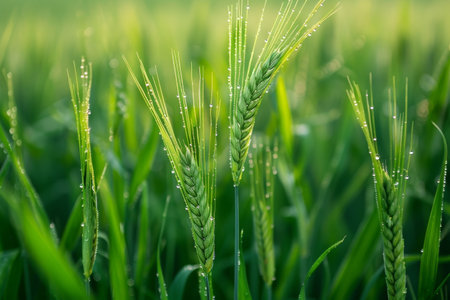 Close-up of green wheat stalks with water dropletsの素材