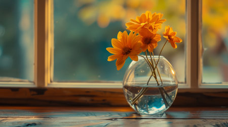Vibrant orange flowers in glass vase on wooden tableの素材