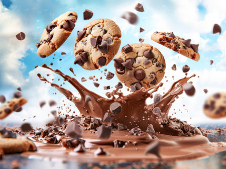 Delicious chocolate chip cookies with chocolate splashの素材