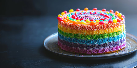 Vibrant rainbow swirl cake with colorful candy decorationsの素材