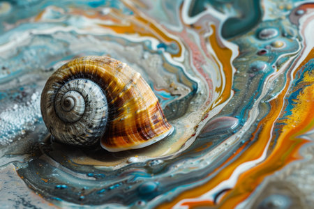 Vibrant seashell on abstract fluid art backgroundの素材