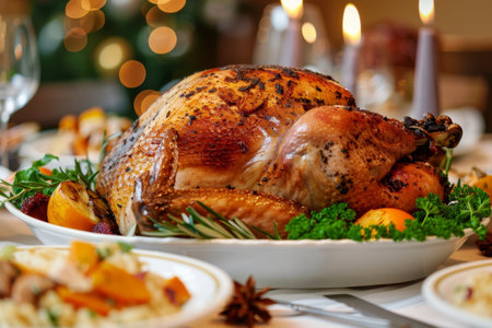 Delicious roasted turkey with vegetables and festive decorationsの素材