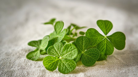 Fresh green clover leaves on a textured surfaceの素材