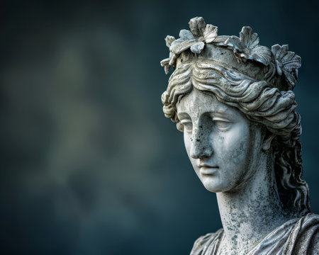 Weathered stone statue of a figure with floral crownの素材