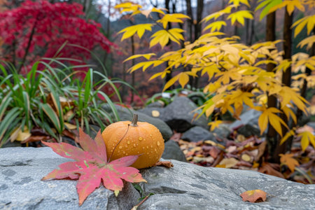 Autumn leaves and pumpkin on wooden logの素材
