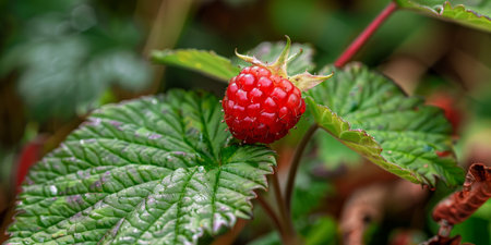 Ripe red raspberry growing on plant with green leavesの素材