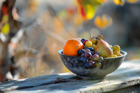 Colorful autumn fruit bowl on rustic wooden tableの素材