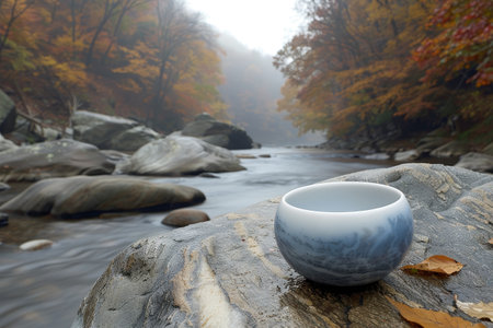 Autumn river scene with ceramic bowlの素材