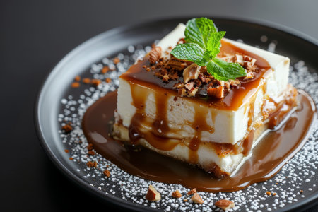 Delicious caramel custard dessert with mint garnishの素材