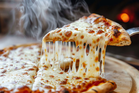 Steaming hot pizza slice with melted cheeseの素材
