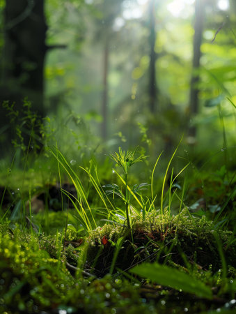 Lush green forest with dew-covered plantsの素材