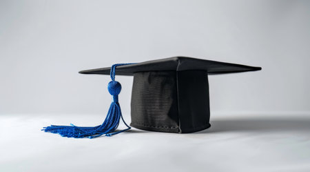 graduation cap with blue tassel on gray backgroundの素材