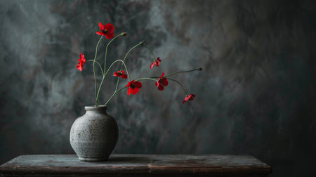 red poppies in a rustic vase on a wooden tableの素材