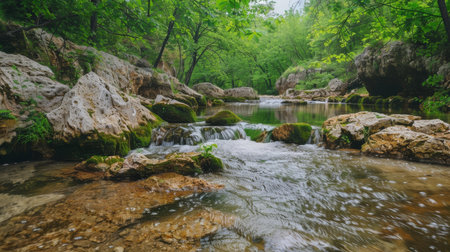 Serene forest waterfall landscapeの素材