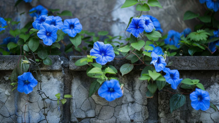 Beautiful blue flowers growing on a stone wallの素材