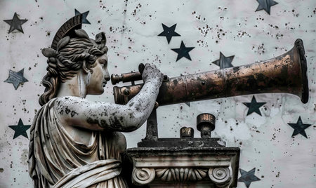 Statue of a figure looking through a telescope surrounded by starsの素材