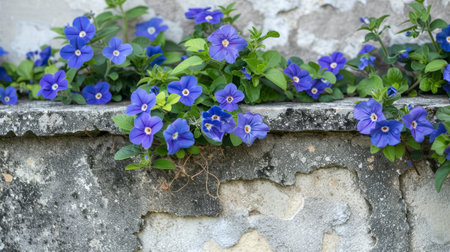 Vibrant blue flowers blooming on old stone wallの素材