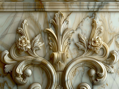 Ornate marble wall detail with floral carvingsの素材